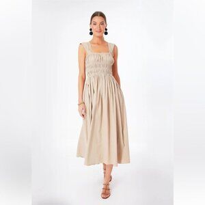 Tuckernuck Pomander Place Noah Smocked Cotton Midi Dress in Biscotti